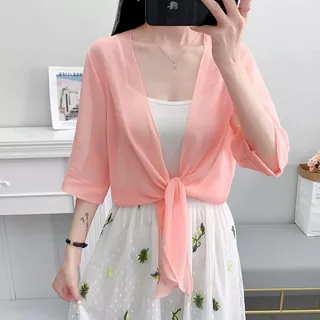 แฟชั่นคาร์ดิแกนชีฟองบางครึ่งแขน,สีทึบเสื้อคลุมดวงอาทิตย์ผ้าบางนุ่ม (เฉพาะเสื้อ)