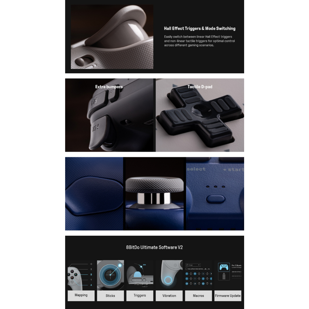 8BitDo Pro 3 ตัวควบคุมบลูทูธสําหรับ Nintendo Switch 2/สวิตช์ OLED/สวิตช์ Lite Steam Deck Windows PC macOS iOS Android Hall Effect TMR จอยสติ๊ก 8BitDo Pro 2 เกมแพดไร้สาย - รูปที่ 3