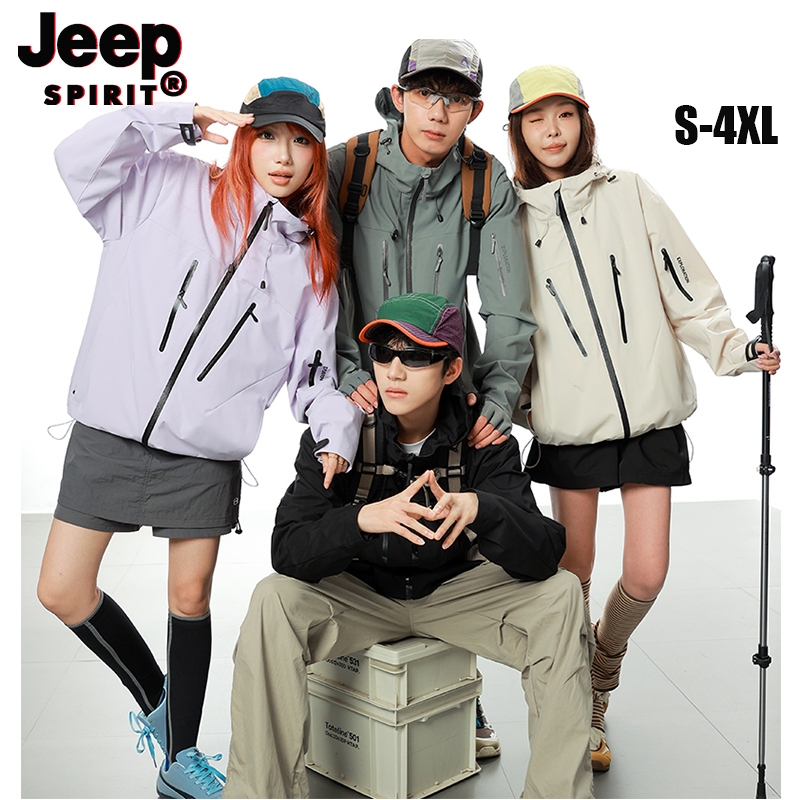 เสื้อกั๊กกันน้ําและกันลม JEEP SPIRIT สำหรับเดินป่า แบบมีฮู้ดสองชั้น และมีกระเป๋าหลายข้าง