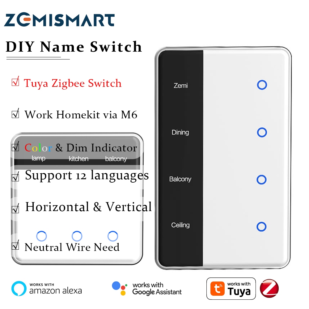Zemismart สวิตช์ไฟแสดงชื่อที่ปรับแต่งได้, Smart Touch Zigbee Neutral Switch, ควบคุมเสียง Alexa/Google, ทํางานร่วมกับ Tuya, การตั้งค่าตัวจับเวลาและฉาก, ฟังก์ชั่นตาข่าย, ฮับ Zigbee ต้องการ