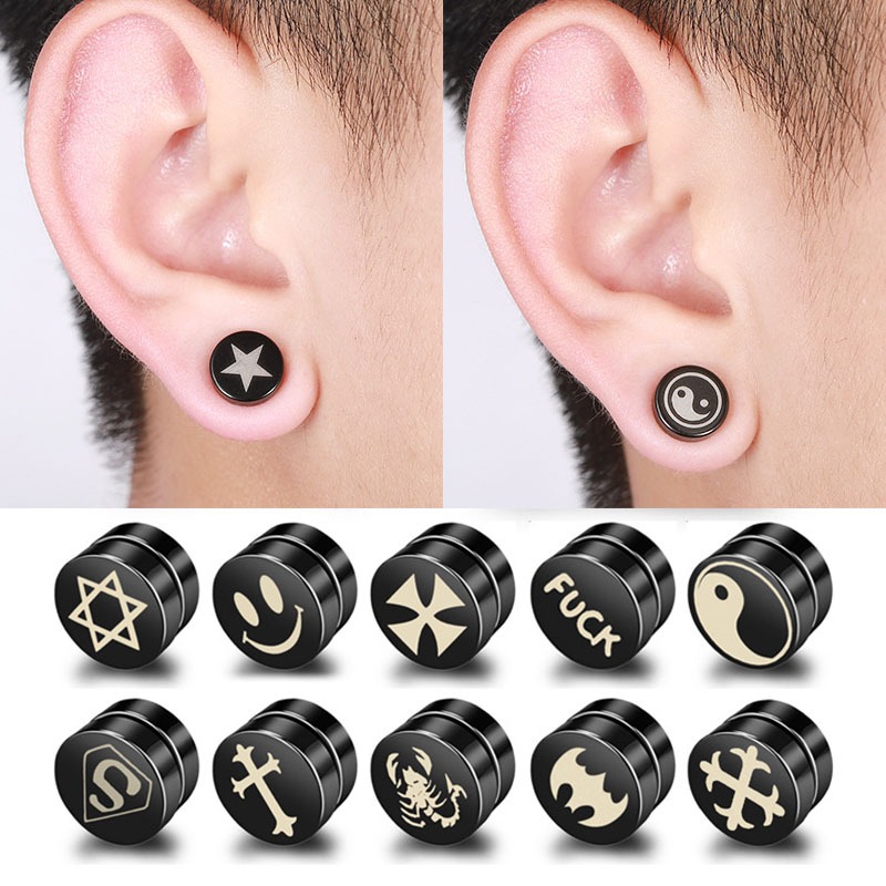 ต่างหูสแตนเลสสตีลแม่เหล็กสไตล์พังค์ ขนาด 10mm สีดำ ไม่จำเป็นต้องเจาะหู สำหรับทั้งชายและหญิง เป็นของขวัญที่สวยงาม