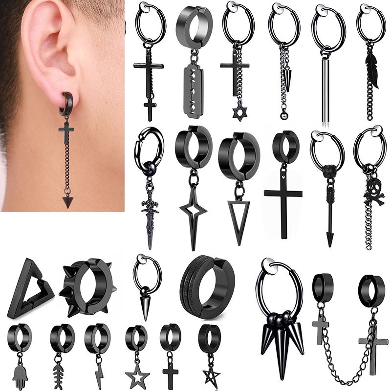 ต่างหูคลิปสแตนเลส สไตล์พังก์ โกธิค สีดำ พร้อมสร้อยคอ สำหรับทุกเพศ