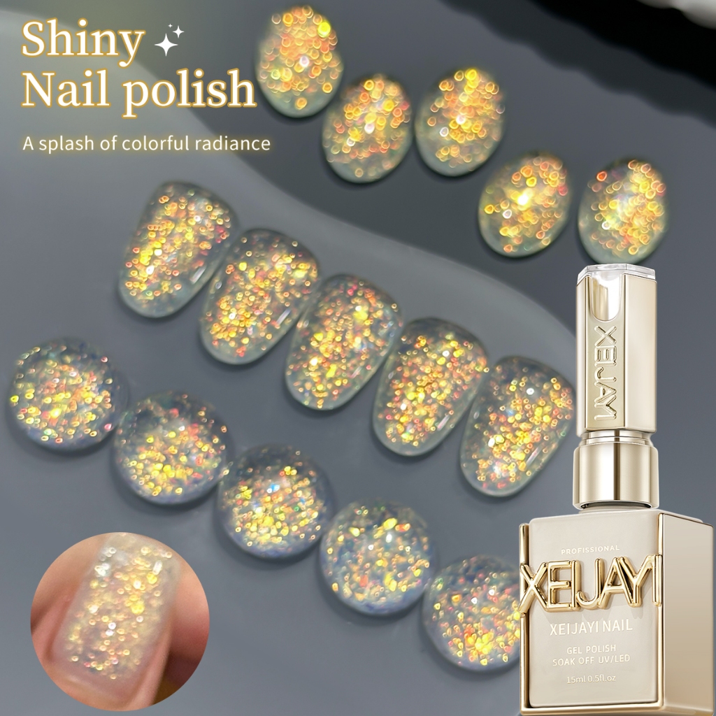 XEIJAYI 15 มล. เจลทาเล็บกลิตเตอร์สีทองประกายแวววาวสุดหรูรุ่นใหม่ ติดทนนาน เหมาะสำหรับร้านทำเล็บและที่บ้าน