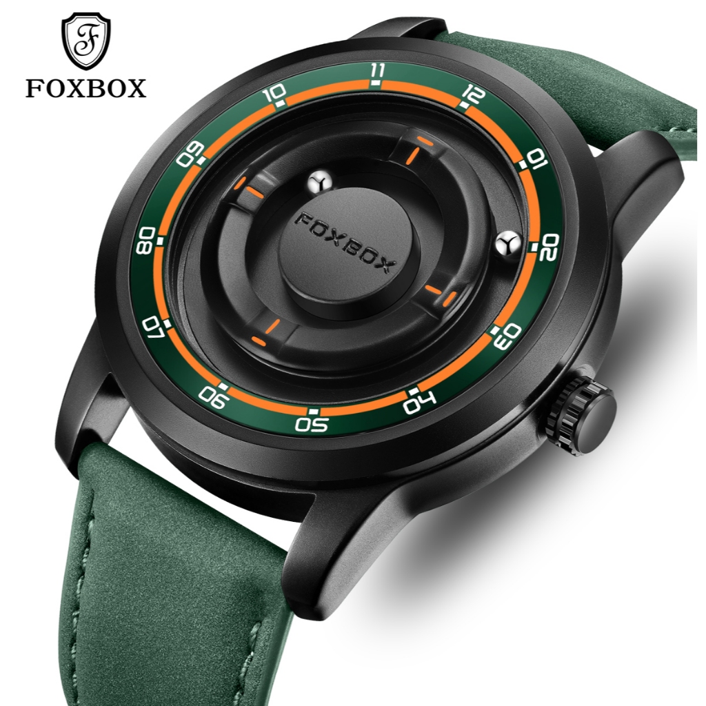 FOXBOX ฟ็อกซ์บ็อกซ์ นาฬิกาผู้ชายเลื่อนตัวชี้แม่เหล็กบังคับสีดําสแตนเลสควอตซ์ใหม่หรูหรานาฬิกาผู้ชายโค