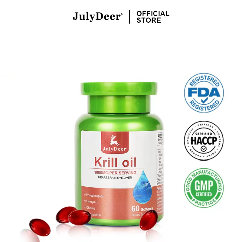 นำเข้าจากสหรัฐ JulyDeer น้ำมันกrils 1000mg มีแอสตาแซนทิน โอมิกา-3 ฟื้นหัวใจสมองตับ 60 เม็ด.