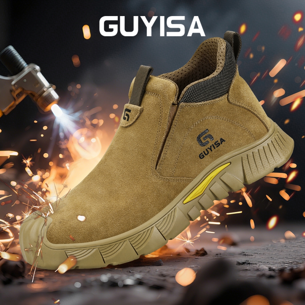 Guyisa รองเท้าบูท หนังนิ่ม หนังวัว ป้องกันการลวก หัวเหล็ก ป้องกันการเจาะ ป้องกันการลื่น เพื่อความปลอดภัย