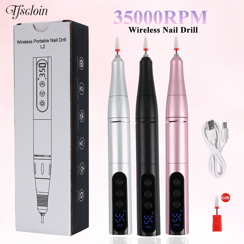 เครื่องเจาะเล็บไร้สาย 35000 รอบต่อนาที ชาร์จ USB ตะไบเล็บแบบพกพา ปากกาเจาะเล็บ สําหรับร้าน