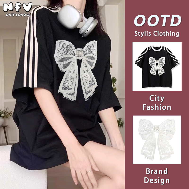 NFV แฟชั่นเกาหลี💕เสื้อยืด ลายพิมพ์โบว์ผีเสื้อ ใส่สบาย oversize ใส่สบายไม่รัดตัว ระบายอากาศ ผ้าคอตตอน เนื้อผ้านุ่ม YG825