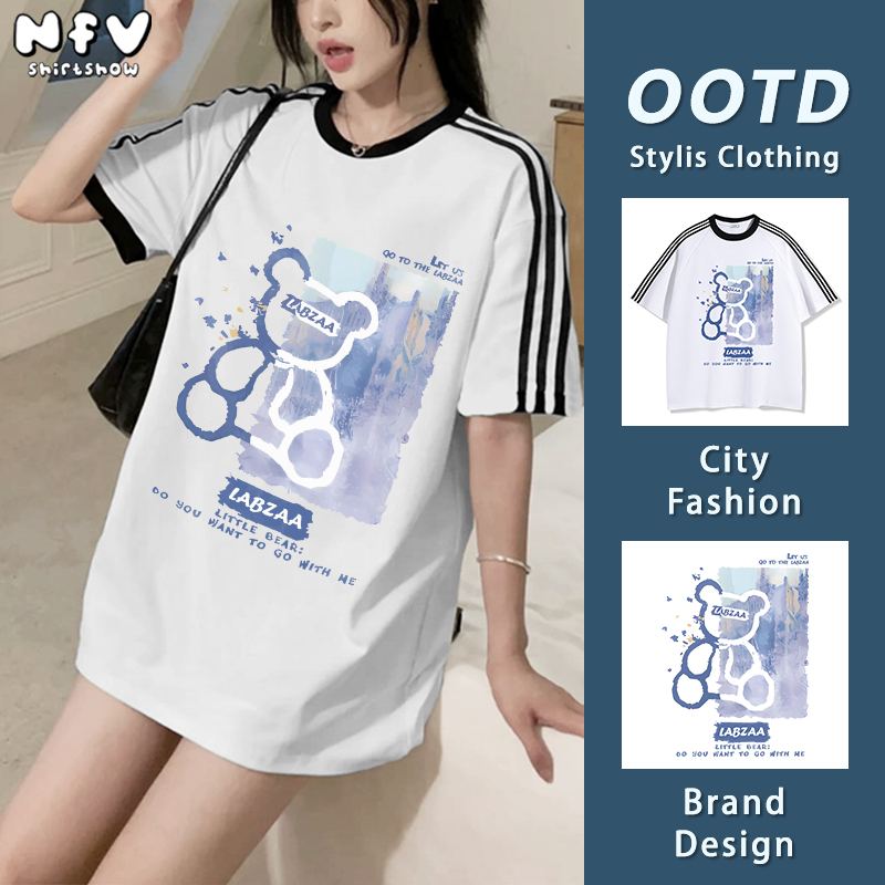 NFV แฟชั่นเกาหลี🍒เสื้อยืดแขนสั้นคอกลม ลวดลายรูปหมี oversize ใส่สบาย ระบายอากาศ ทรงหลวม YG1112