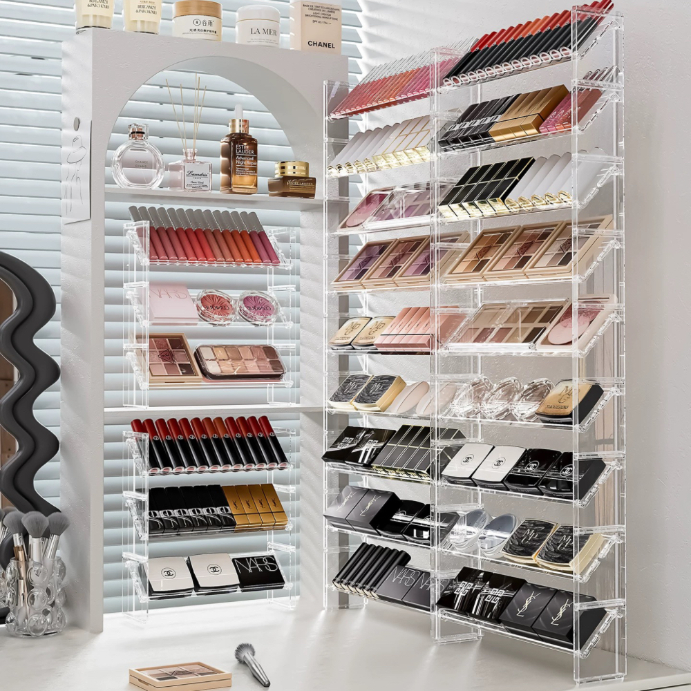 Stackable Eyeshadow Organizer โปร่งใส 3 ชั้นบันไดอะคริลิคเดสก์ท็อปแต่งหน้ากล่องเก็บ Multi Functional ความจุขนาดใหญ่ Dresser Powder Air Cushion ลิปสติกน้ําหอม Organizer