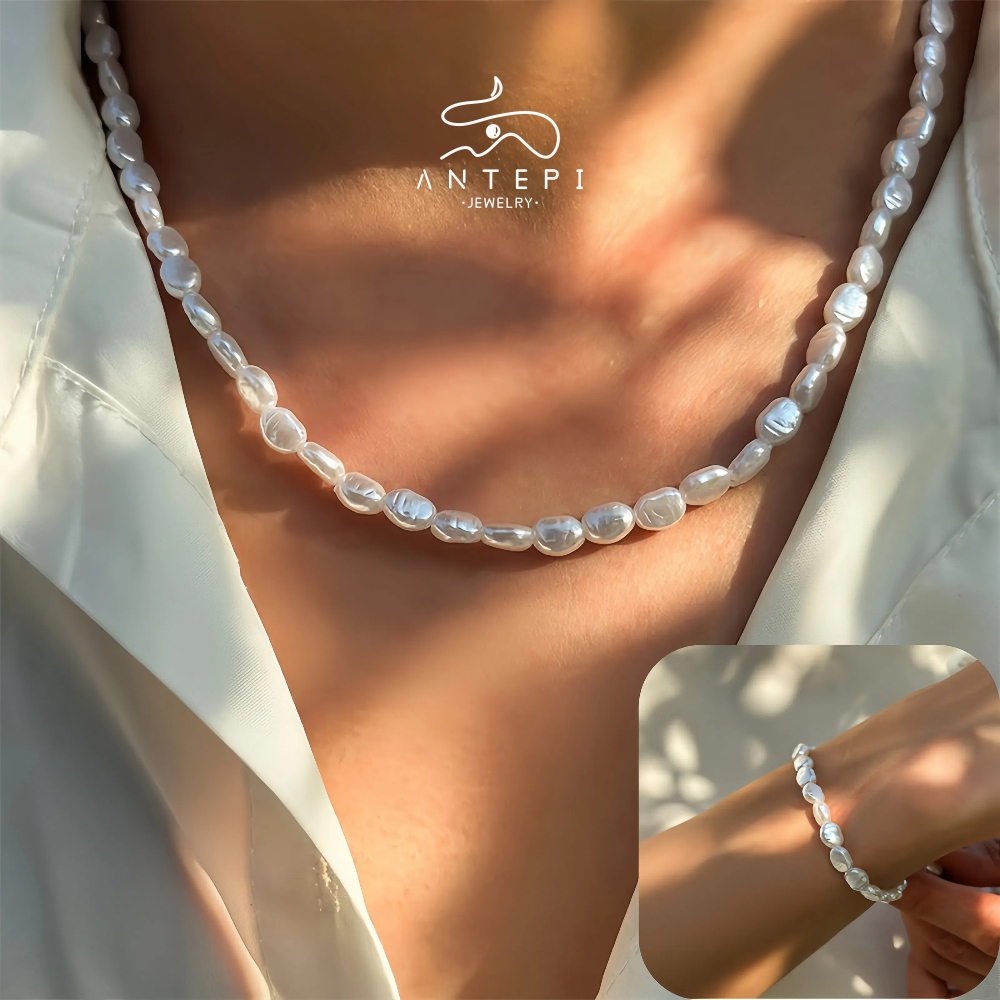 เอทีพี สร้อยคอมุกรูปบาร็อค/สร้อยข้อมือ,กันน้ําพรีเมี่ยมความรู้สึกสแตนเลส ไม่จํากัดเพศ สร้อยข้อมือ/สร้อยคอกระแทกชุดสําหรับผู้ชายและผู้ห