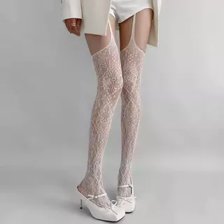 ผู้หญิงเซ็กซี่ ถุงน่องเน็ตโปร่ง Sheer Fishnet Suspender Tights Garter เข็มขัด Pantyhose Hollow Out ดอกไม้รูปแบบ ลายลูกไม้ บางเบา สีต้นขาสูง พร้อม garters สำหรับแฟชั่นผู้หญิง