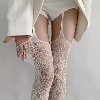 ผู้หญิงเซ็กซี่ ถุงน่องเน็ตโปร่ง Sheer Fishnet Suspender Tights Garter เข็มขัด Pantyhose Hollow Out ดอกไม้รูปแบบ ลายลูกไม้ บางเบา สีต้นขาสูง พร้อม garters สำหรับแฟชั่นผู้หญิง