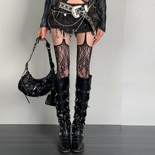 ผู้หญิงเซ็กซี่ ถุงน่องเน็ตโปร่ง Sheer Fishnet Suspender Tights Garter เข็มขัด Pantyhose Hollow Out ดอกไม้รูปแบบ ลายลูกไม้ บางเบา สีต้นขาสูง พร้อม garters สำหรับแฟชั่นผู้หญิง