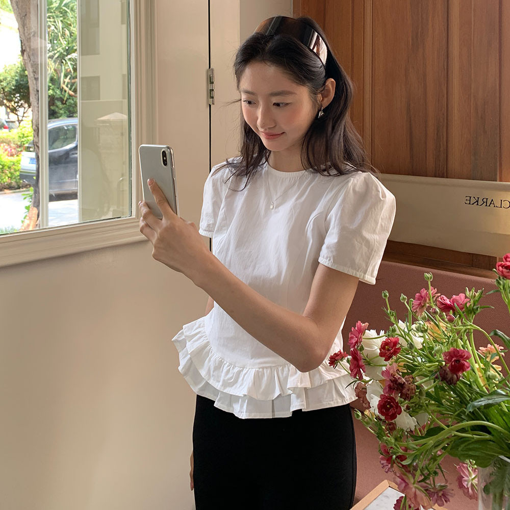 ฤดูร้อนใหม่ผู้หญิงเสื้อสองชั้นนัวเนียขอบพัฟแขนสไตล์เกาหลีเสื้อ 250823
