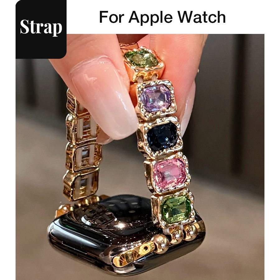 Ladies Cube Sugar Gem Elastic Glass Diamond Strap เหมาะสําหรับ Apple Watch SE S10 S9 S8 S7 S6 S5 S4 