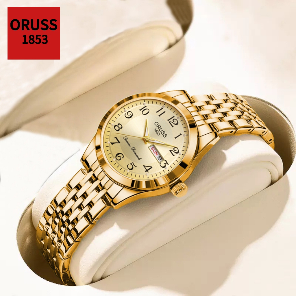 ORUSS รัส ต้นฉบับหญิงสแตนเลสหรูหราทองกันน้ําปฏิทินคู่ส่องสว่างแฟชั่นนาฬิกาขนาดเล็กเวอร์ชั่นเกาหลีนาฬิกาข้อมือควอตซ์