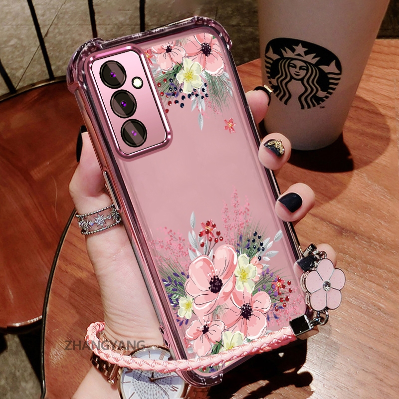 SAMSUNG สําหรับSamsung A24 4G A34 5G A54 5Gความงามน่ารักฤดูใบไม้ร่วงดอกไม้รูปแบบออกแบบใหม่ElectroplatedกันกระแทกTPU Soft Shellฟรีแขวนเชือก