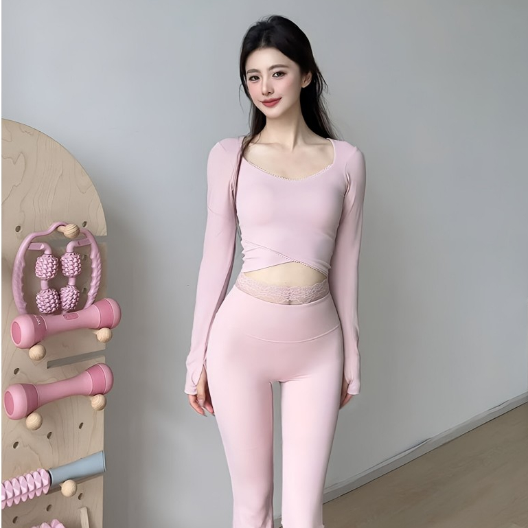 ผู้หญิงกีฬาฟิตเนสระบายอากาศสีทึบแผ่นคงที่โยคะชุดสองชิ้น