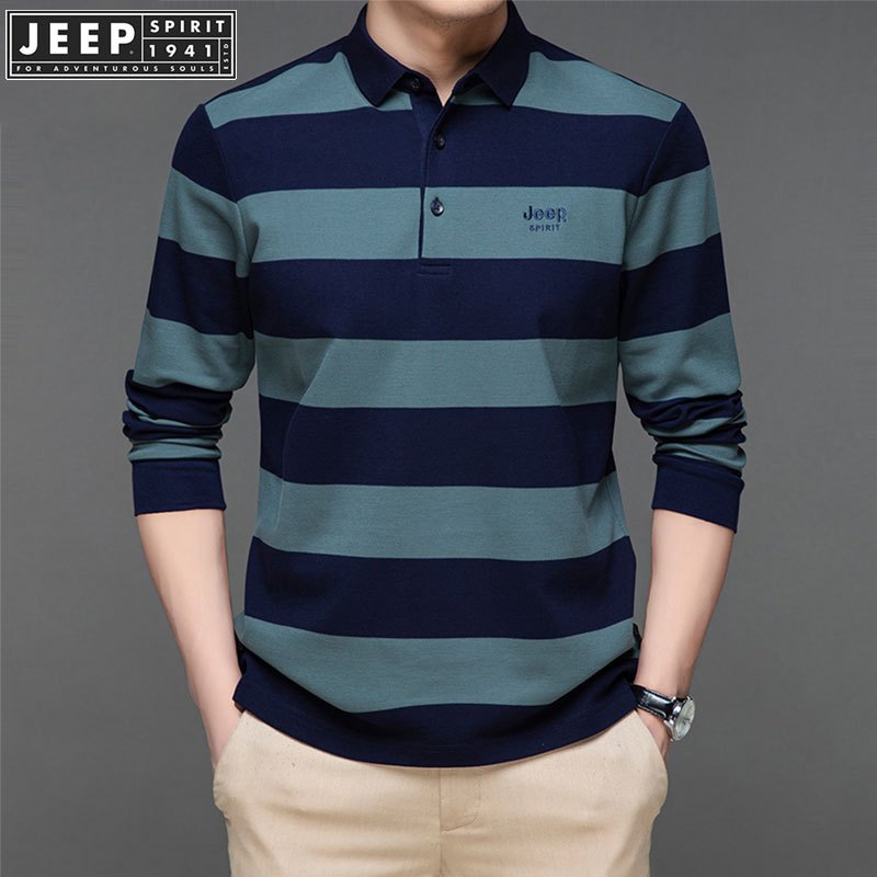 JEEP SPIRIT 1941 เสื้อโปโลแขนยาวสำหรับผู้ชาย ผ้าฝ้ายแท้ ลายคอปก สไตล์ฤดูใบไม้ร่วง