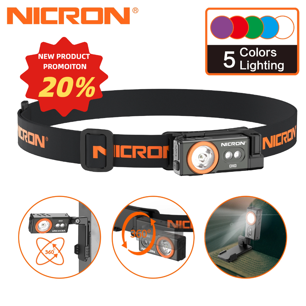 NICRON ไฟหน้ามัลติฟังก์ชั่น D10 500lm ถอดได้ USB-C กันน้ำ IP54 (ขาว/UV/RGB) สำหรับ Camping Outdoor