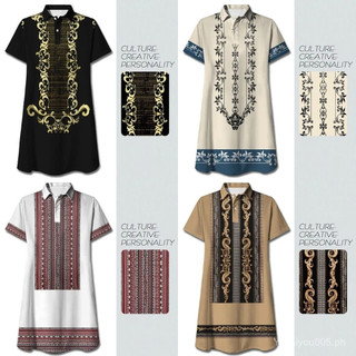 2026 Asean Attire For women Retro Women's Polo Dress Barong Tagalog Ethnic Style Plus Size Short-Sleeved Dresses With Tie Button For Women Retro Pattern Daily Casual Lapel Dress