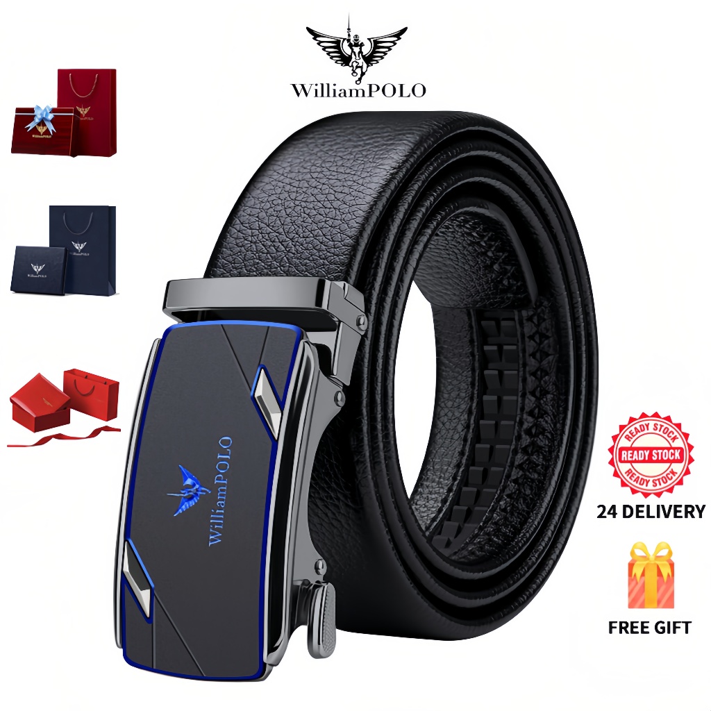 William Polo เข็มขัดผู้ชาย ของแท้ หนังแท้ ล็อคอัตโนมัติ แถมกล่องของขวัญฟรี Genuine Leather Belt for Men | New Automatic Buckle Design | Free Gift Box Included | Authentic Quality
