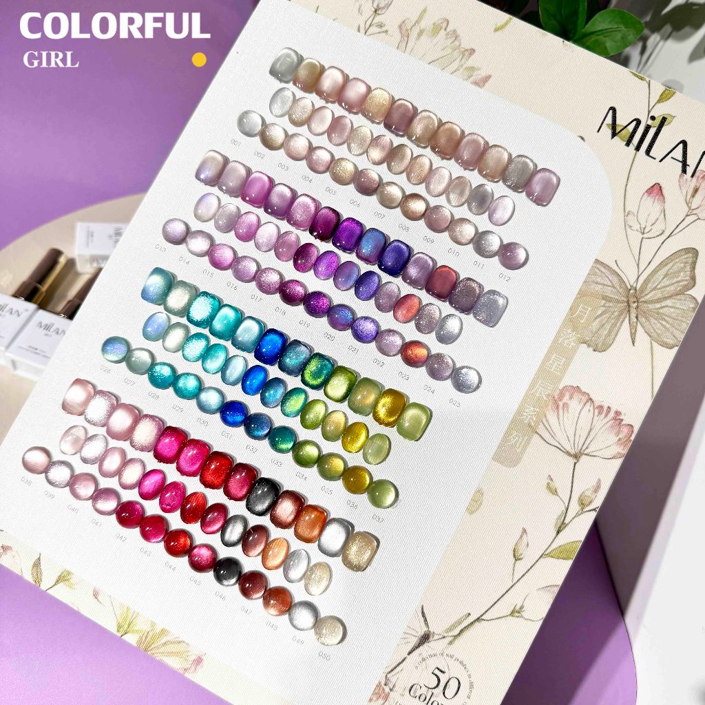 【พร้อมส่ง】MILAN 50 สี ✨ สีเจลแคทอายเนื้อซาติน + สีเจลแคทอายลูกแก้ว ครบเซ็ต 50 สี สีสวยแน่นชัด ติดทนนาน เงางามประกายหรูหรา เหมาะสำหรับร้านทำเล็บมืออาชีพและใช้ส่วนตัว แถมฟรีชาร์ทสี Cat Eye 50 สี (ทามาให้แล้ว พร้อมใช้งาน)