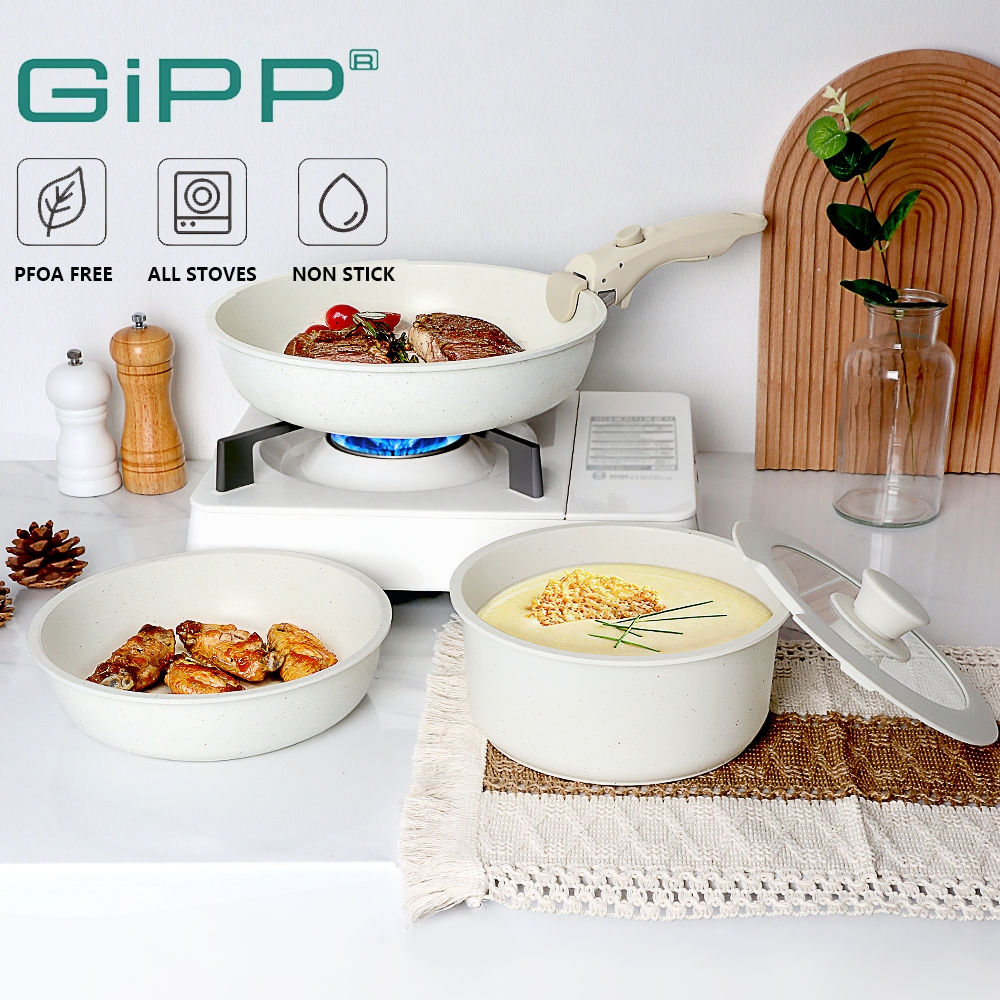 Gipp ชุดเครื่องครัว 5 ชิ้นชุดเครื่องครัวพร้อมที่จับที่ถอดออกได้และฝาปิดเหมาะสําหรับเตาทั้งหมด