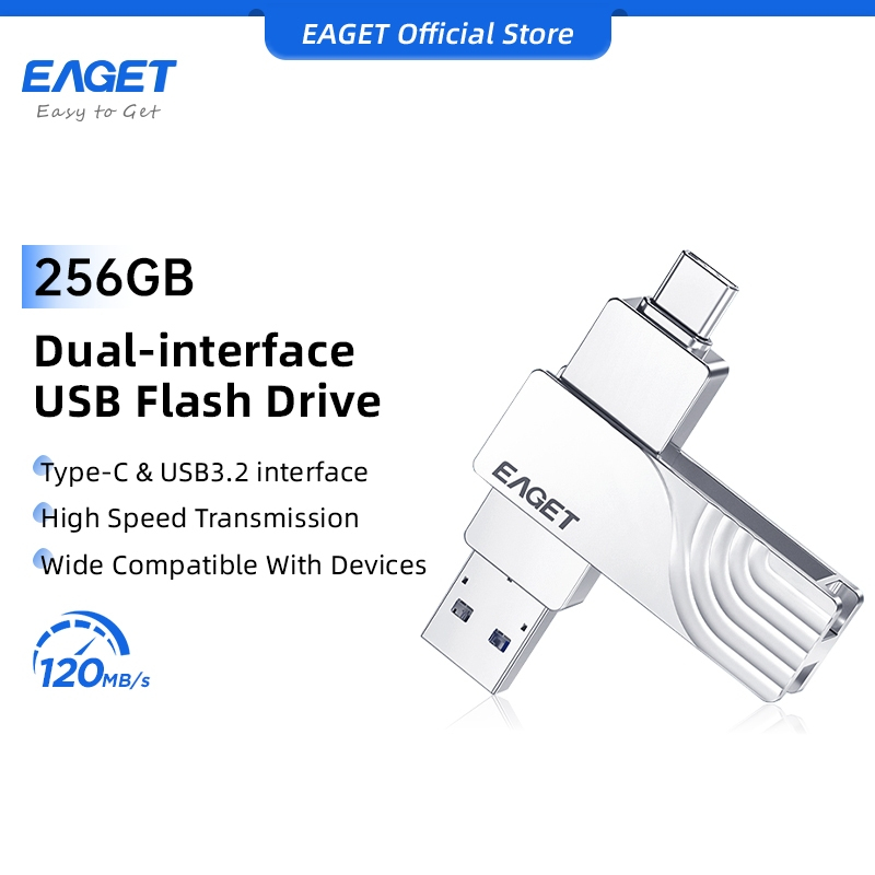 EAGET แฟลชไดรฟ์ USB Type-C ถึง USB 3.2 อินเทอร์เฟซคู่ USB 32GB 64GB 128GB 256GB แฟลชไดรฟ์โลหะสําหรับโทรศัพท์/แท็บเล็ต/MacBook/PC/TV/Car