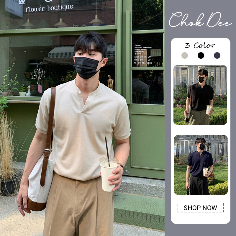เสื้อฮีนลีย์แขนสั้น สไตล์เกาหลี สlim fit
