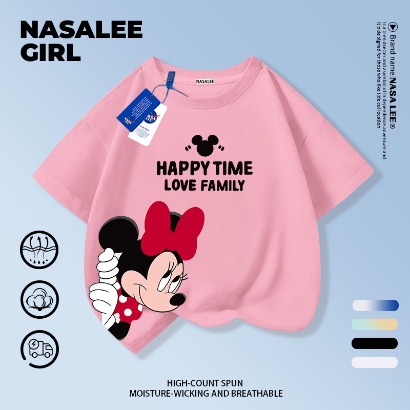 เสื้อยืดแขนสั้นสำหรับเด็ก NASA เนื้อฝ้ายสีชมพู ระบายอากาศดี ลายมิกกี้เมาส์น่ารัก แฟชั่นเทรนด์ใหม่ ส่งในวันเดียวกัน