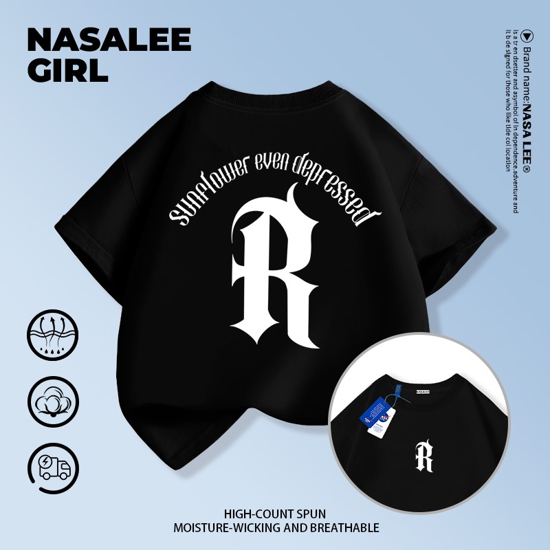 เสื้อยืดแขนสั้นสำหรับเด็ก NASA เนื้อฝ้ายสีดำ ระบายอากาศดี ลายพิมพ์สไตล์อเมริกัน ใส่ได้ทั้งผู้ชายผู้หญิง เนี้ยบๆ ส่งวันเดียวกัน