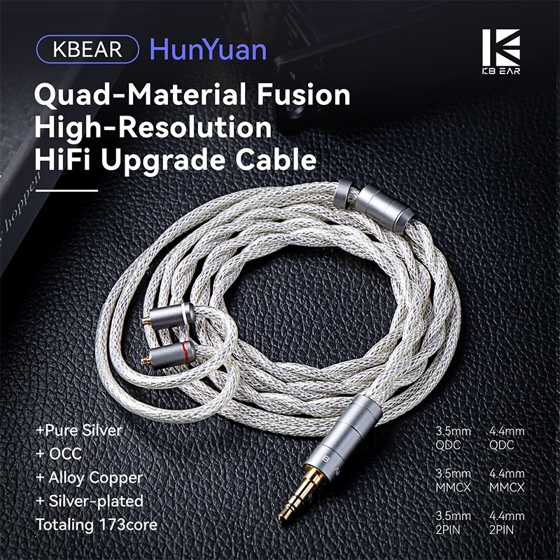 KBEAR HunYuan Quad-Material Fusion High-Resolution HiFi หูฟังอัพเกรดสาย 2Pin MMCX QDC Pure Silver + 