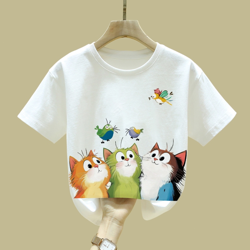 เสื้อยืดเด็กแขนสั้น ผ้าฝ้าย ลายแมวน่ารัก ใส่สบาย เหมาะกับเด็กผู้ชายและเด็กผู้หญิงใส่ได้ทุกวัน