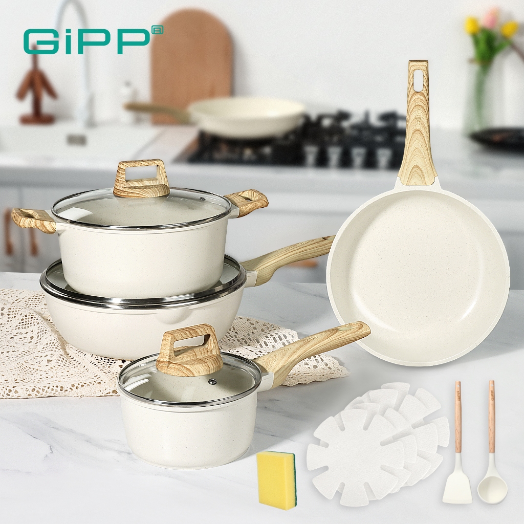 GIPP Non Stick กระทะชุดเครื่องครัว Kawali กระทะหม้อเคลือบเซรามิคสําหรับเตาทั้งหมด (ชุด 14 ชิ้น)