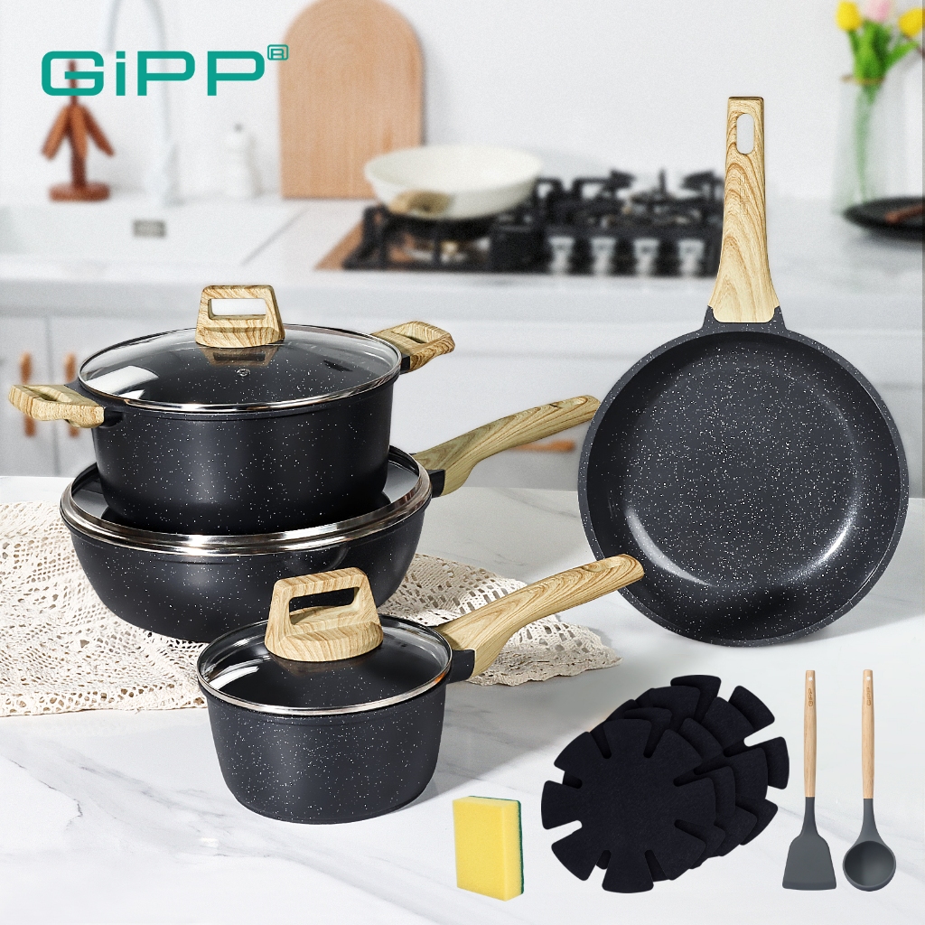 GiPP ชุด 14 ชิ้น ชุดเครื่องครัวนอนสติ๊ก PFOA ฟรีเหมาะกับชุดเตาตั้งพื้นทั้งหมด