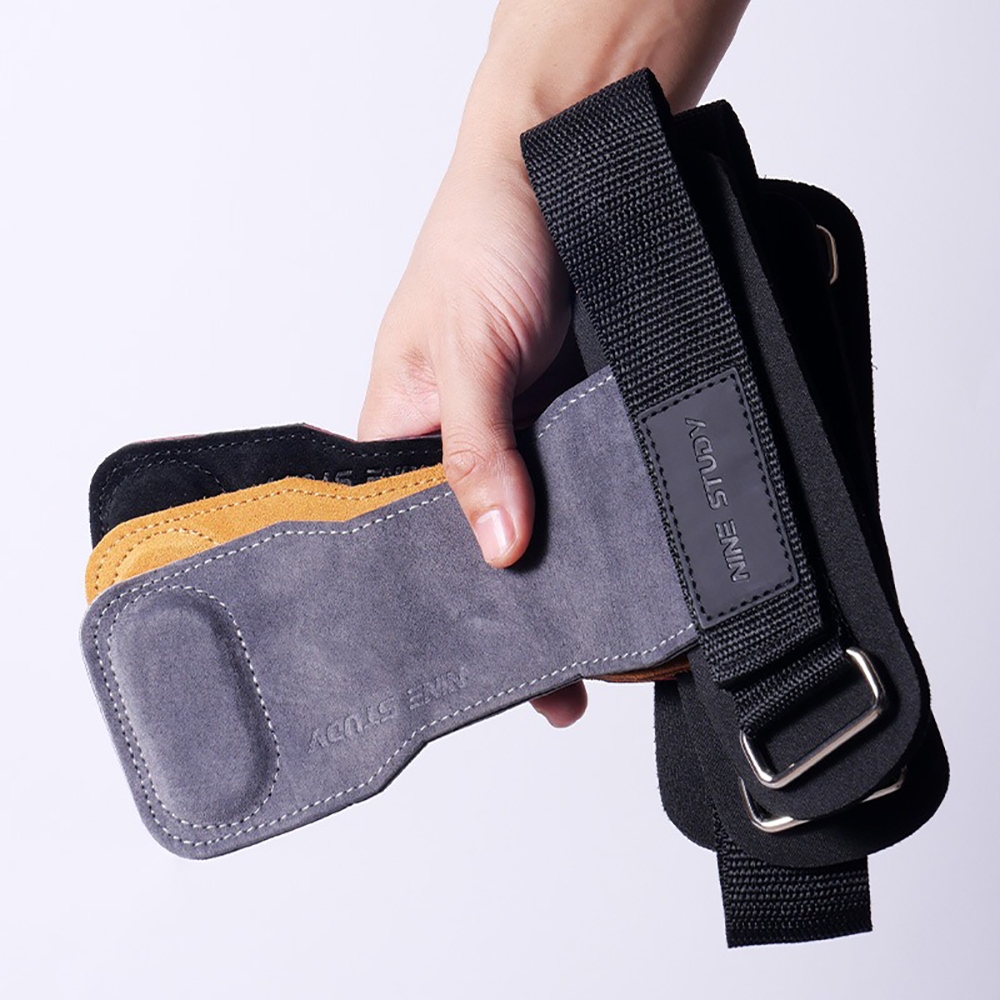 (1คู่) ถุงมือฟิตเนส สําหรับยกน้ําหนัก STRAPS Leather Grip pads & Strap หนังกลับ สแต๊ป หนังวัว หนังแท้ รัดข้อมือ