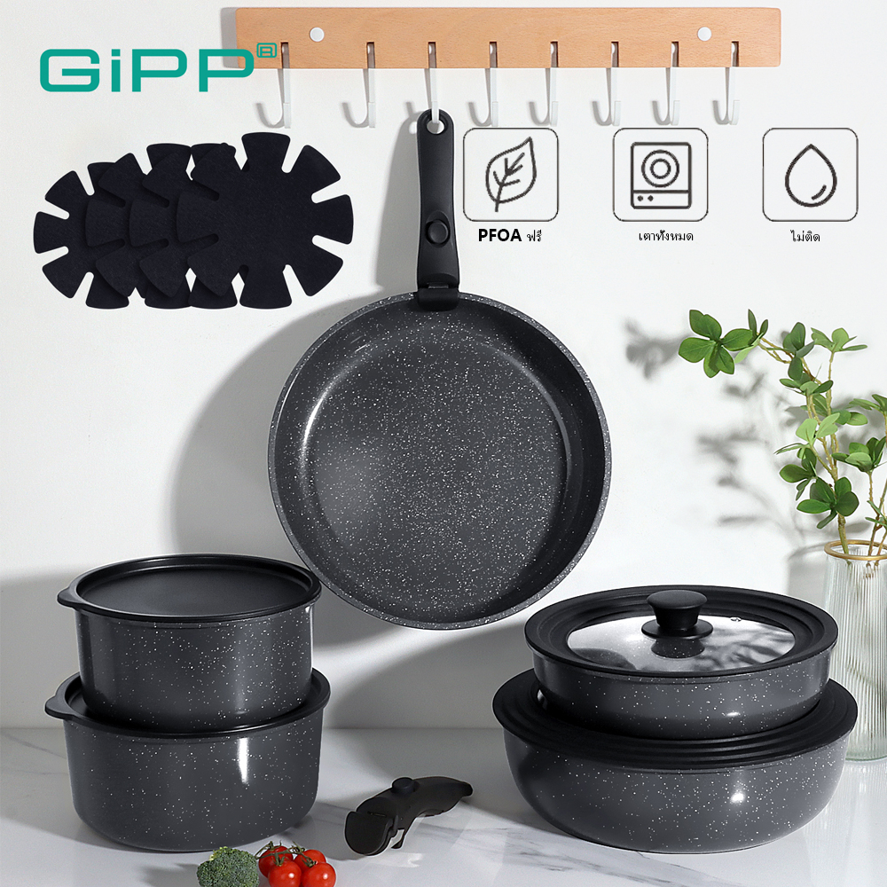 GiPP เครื่องครัวเซรามิกไม่ติดพร้อมด้ามจับแบบถอดได้สําหรับเตาทุกประเภท PFOA-free(ชุด 15 ชิ้น)