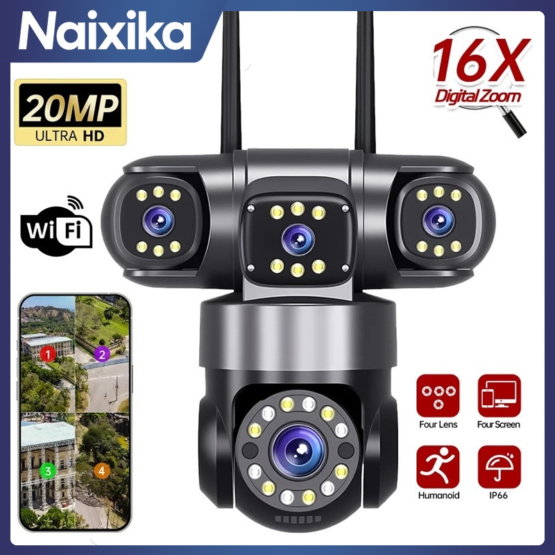20MP WiFi กล้อง 10K สี่เลนส์สี่หน้าจอ 16X ซูมกล้องวงจรปิด IP กล้อง PTZ การติดตามอัตโนมัติ 360° กล้องรักษาความปลอดภัยวิดีโอเฝ้าระวัง