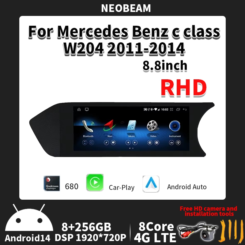Neobeam เหมาะสําหรับ Mercedes Benz C-Class ขวาเปปไทด์ W204 8.8 นิ้วไร้สาย Apple CarPlay Android 14 รถวิทยุมัลติมีเดีย Linux เครื่องเล่น