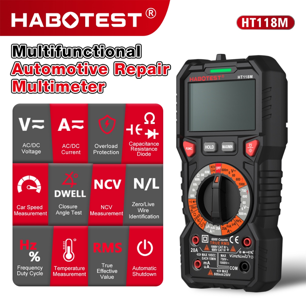 HABOTEST HT118M มัลติมิเตอร์ 1000V AC/DC มัลติมิเตอร์แบบดิจิตอล 6000/2000 NCV นับความแม่นยําสูงช่วงอัตโนมัติ true RMS การวัดแรงดันไฟฟ้าความต้านทานปัจจุบัน