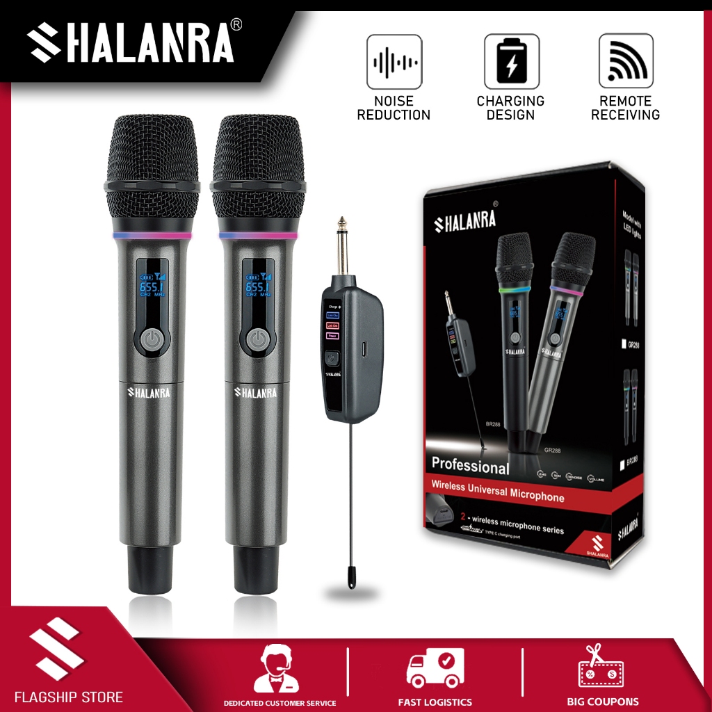 SHALANRA GR288 ไมโครโฟนไร้สาย ไฟ RGB ไมโครโฟนแบบชาร์จไฟได้ ไมโครโฟน UHF ไมโครโฟนไร้สาย