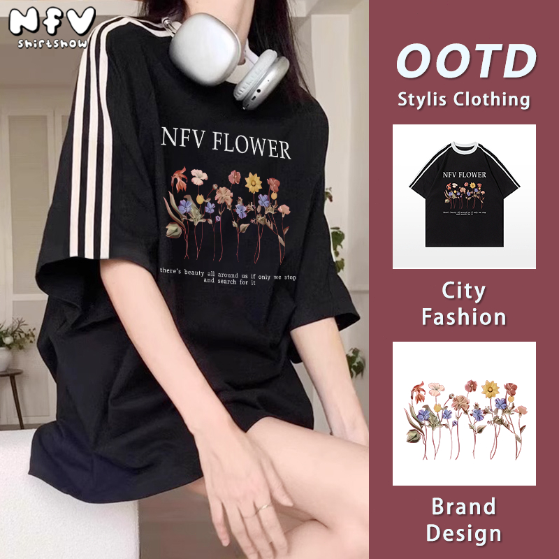 NFV เสื้อยืดแฟชั่นสไตล์เกาหลี ลายดอกไม้ แขนสั้น โอเวอร์ไซซ์ เนื้อนุ่ม ใส่สบาย วินเทจ ใส่แล้วดูผอม YG103