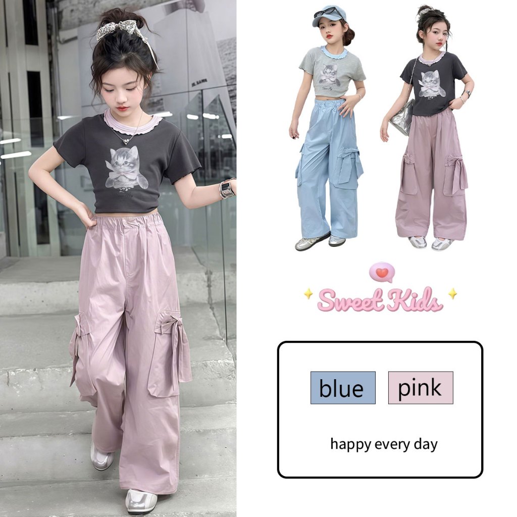 SweetKids พร้อมส่งจากกทม🌸ชุดฤดูร้อนเด็กผู้หญิง🍓ชุดแขนสั้นเสื้อ+กางเกงขายาว สไตล์เกาหลี น่ารัก ประดับโบว์ เนื้อผ้าใส่สบาย แฟชั่นสําหรับ