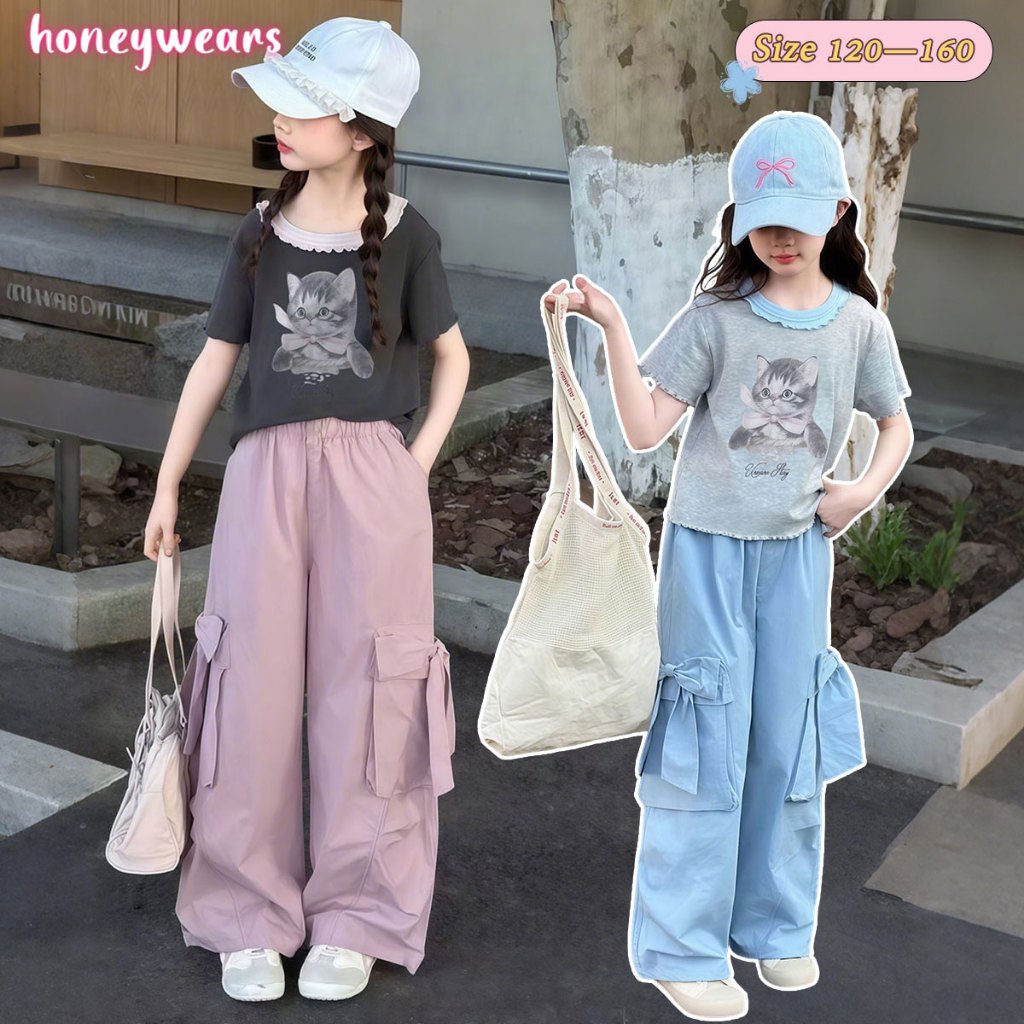 honeywears⚡พร้อมส่ง⚡ชุดแฟชั่นเด็กผู้หญิง ชุดเสื้อยืดคอกลม+กางเกงขากว้าง ลำลอง ผ้านิ่มใส่สบาย พิมพ์ลายการ์ตูนน่ารัก ใส่สวย ไซส์ 120-160