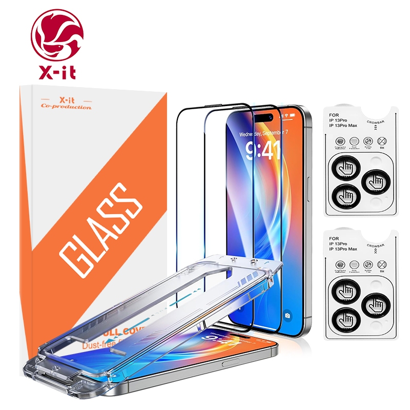 X-มัน [2+2แพ็ค] ป้องกันหน้าจอกระจกนิรภัยสําหรับ ไอโฟน 15 มือโปร สูงสุด การติดตั้งที่ง่ายขึ้นด้วยตัวป้องกันเลนส์กล้อง, เทคโนโลยีอัตโนมัติ, ปลอดฟอง, ป้อ