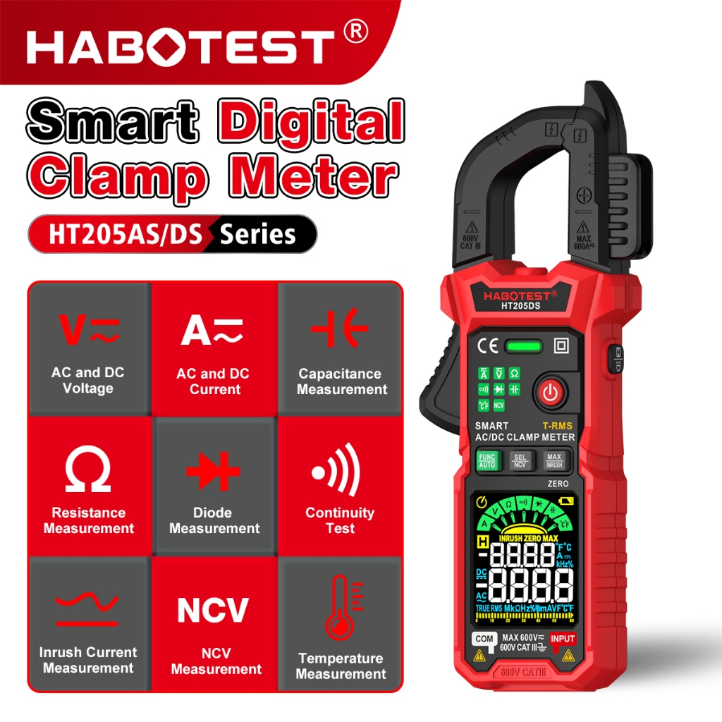HABOTEST HT205AS/DS มัลติมิเตอร์แบบดิจิตอล 600A กระแส AC/DC และเครื่องทดสอบแรงดันไฟฟ้า AC/DC 600V Ohm Continuity Hz Tester