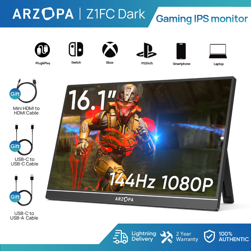 ARZOPA-Z1FC, 16.1 144Hz จอภาพสําหรับเล่นเกมแบบพกพา, 100% sRGB, 1080P HDR พร้อม USB 3.1 HDMI แล็ปท็อป