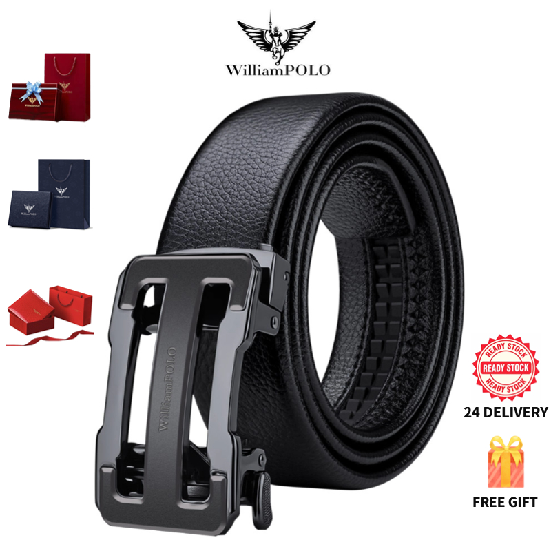 แท้ 100% William Polo เข็มขัดหนังผู้ชาย กระเป๋าอัตโนมัติพรีเมี่ยม แฟชั่นเกาหลี พร้อมกล่องของขวัญฟรี Genuine Leather Belt for Men - Automatic Buckle Korean Fashion | Free Gift Box Present